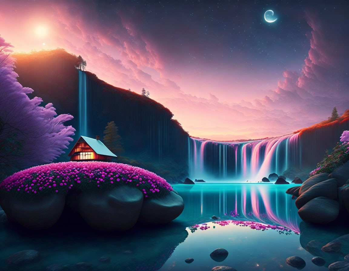 Fantasy landscape with vibrant waterfall, small house, pink trees, and dual sun & moon.