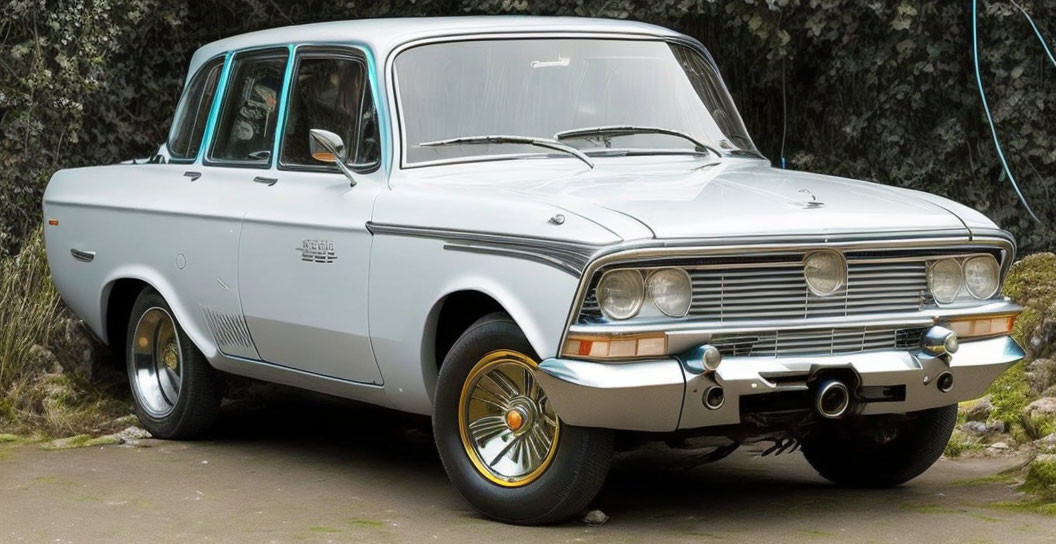 Classic Silver Car with Chrome Bumpers and Whitewall Tires