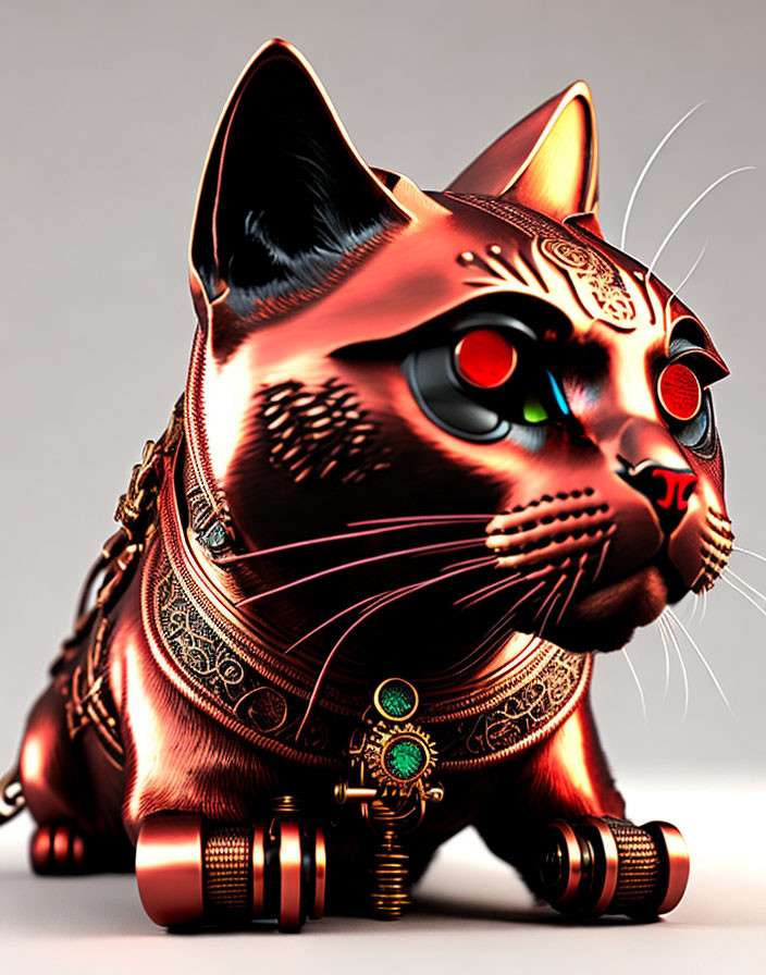 Stylized metallic red cat figurine with gold details and green eyes