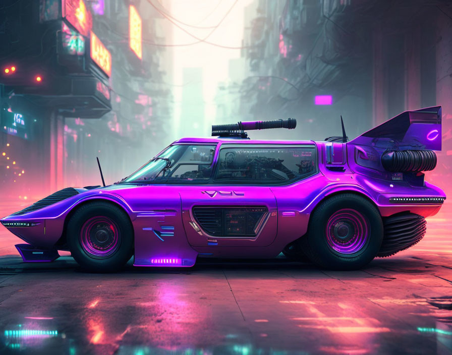 Futuristic purple sports car with neon accents and mounted guns in cyberpunk alleyway