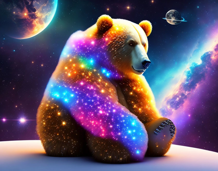 Starry cosmic bear against space backdrop with moons and nebula