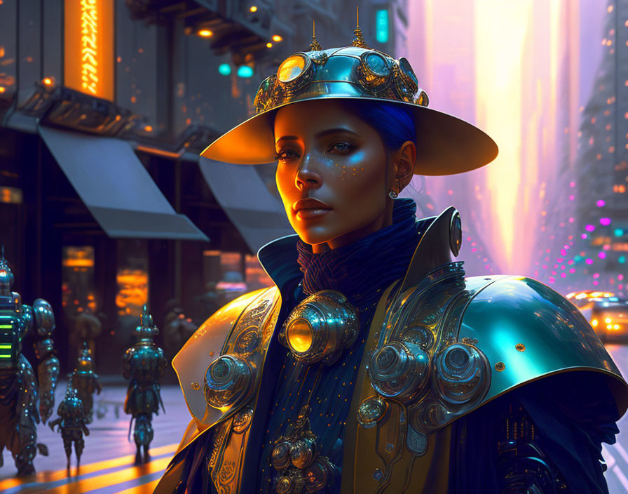 Futuristic woman in gold and blue armor with robots in neon cityscape