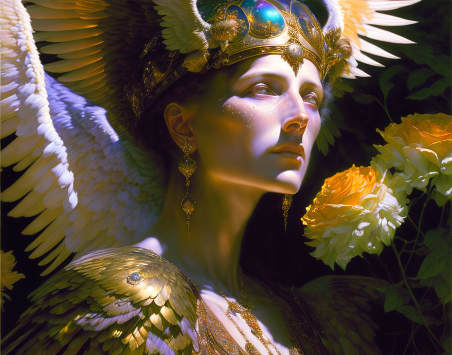 Ethereal figure with wings and ornate headgear among yellow flowers