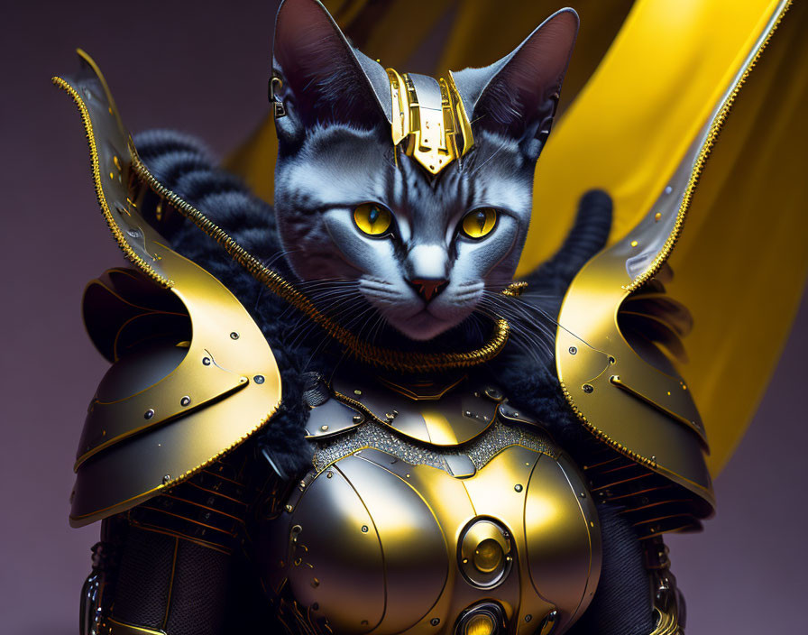 Striking-eyed cat in golden helmet and armor on purple background