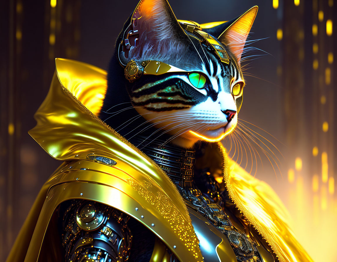 Digital artwork: Cat in golden armor with human features in futuristic setting