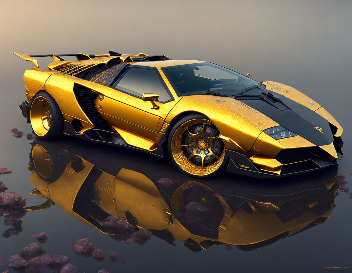 Luxurious Gold Lamborghini with Elaborate Spoilers and Air Intakes on Polished Surface