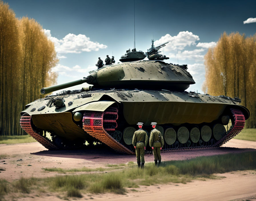 Futuristic tank with oversized treads in forest clearing with uniformed individuals.