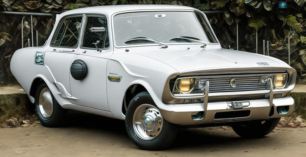 Classic White Vintage Sedan with Chrome Bumpers and Round Headlights