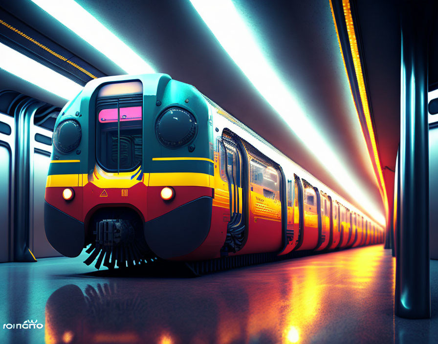 Futuristic train with vibrant lights in modern neon-lit tunnel