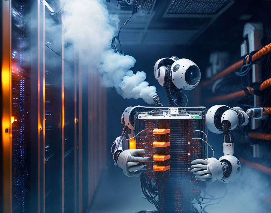 Robot with two arms and camera eyes handling smoking server rack in data center