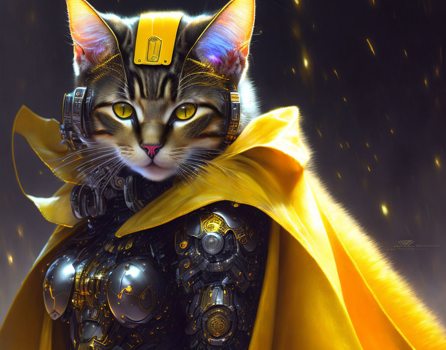 Robotic cat with yellow cape and headset on golden background