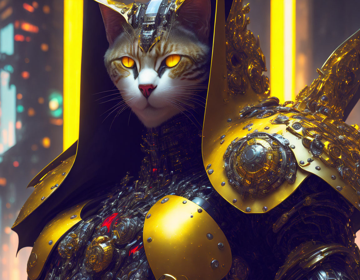 Striking Amber-Eyed Cat in Golden Armor Against Cityscape