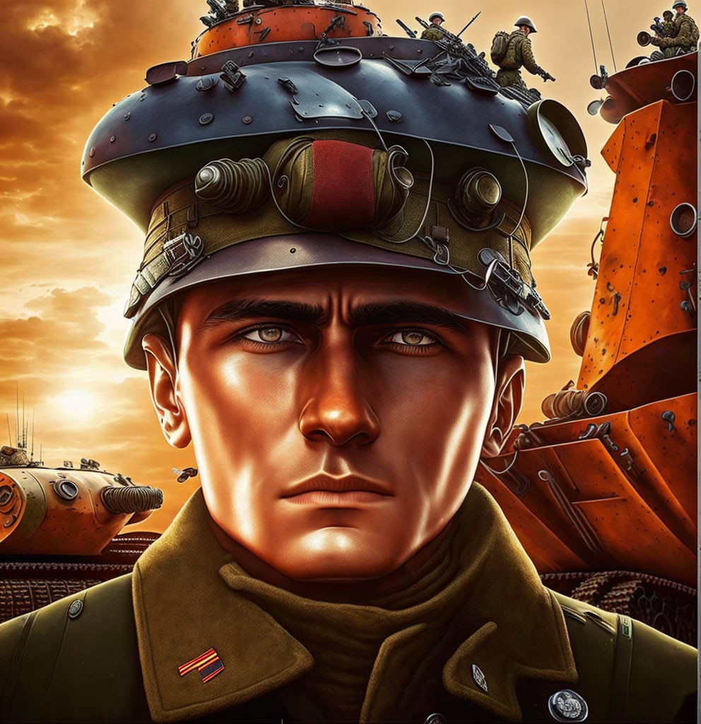 Detailed Steampunk Soldier with Mechanical Hat in Orange Skies