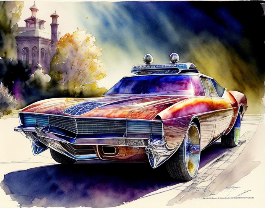 Colorful watercolor painting of custom-painted classic car on street with autumn backdrop