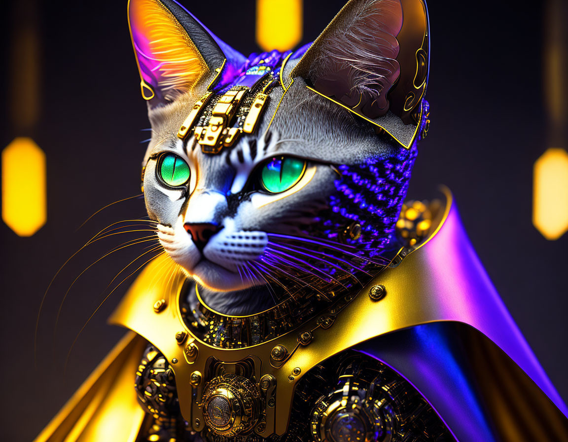 Detailed 3D illustration of regal robotic cat with golden accents and green eyes on dark background