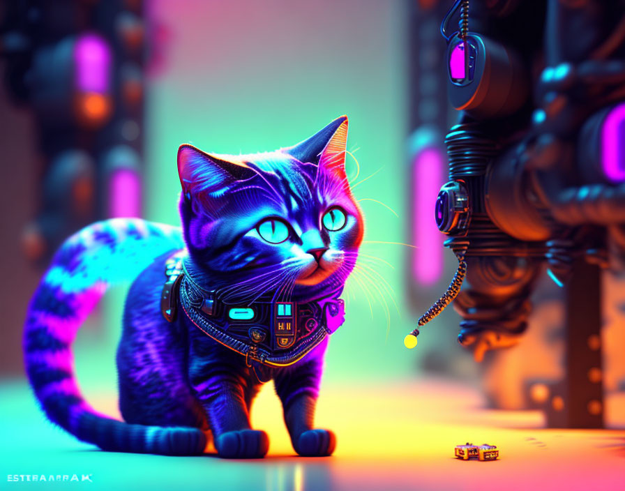 Colorful cybernetic cat and robot illustration in futuristic neon backdrop