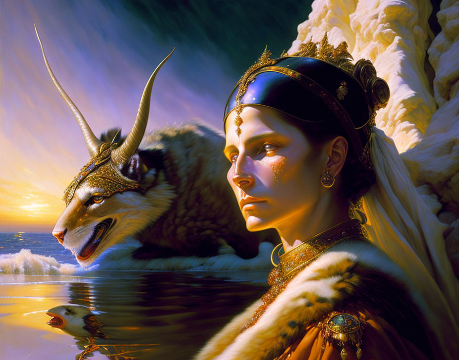 Surreal painting: Woman with goat features, jewelry, sunset, ocean