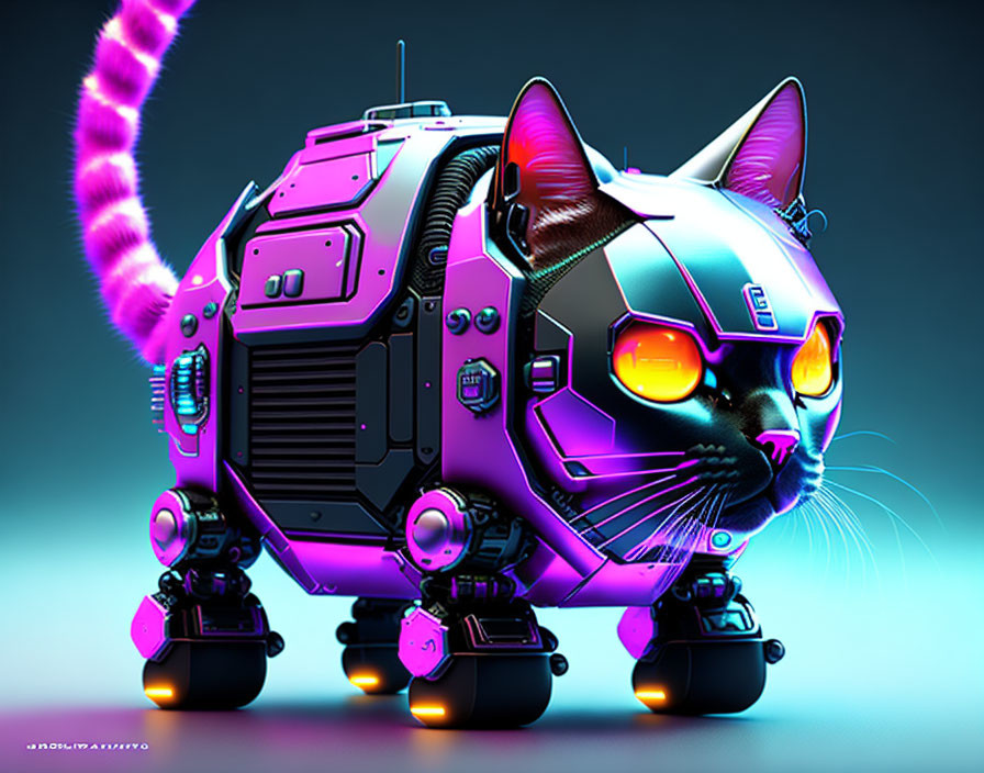 Futuristic robotic cat with glowing eyes on blue gradient background