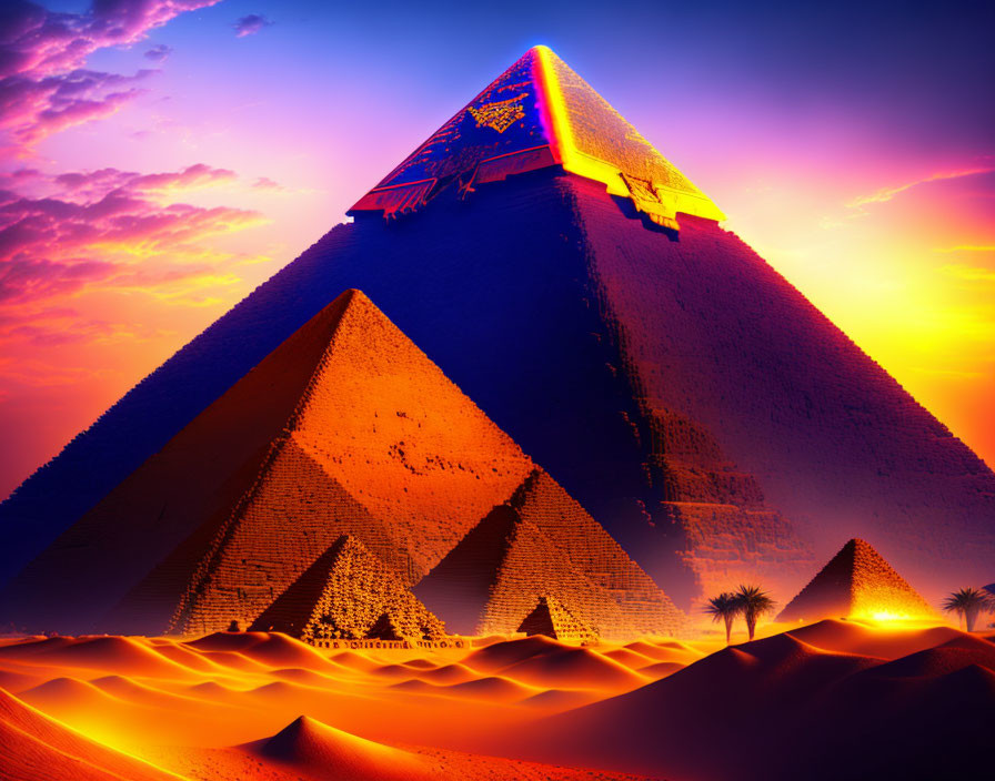 Colorful digital artwork: Great Pyramids of Giza with glowing sky & hieroglyphs