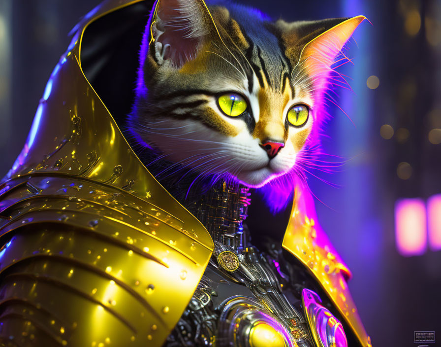 Futuristic robotic cat in golden armor with glowing green eyes