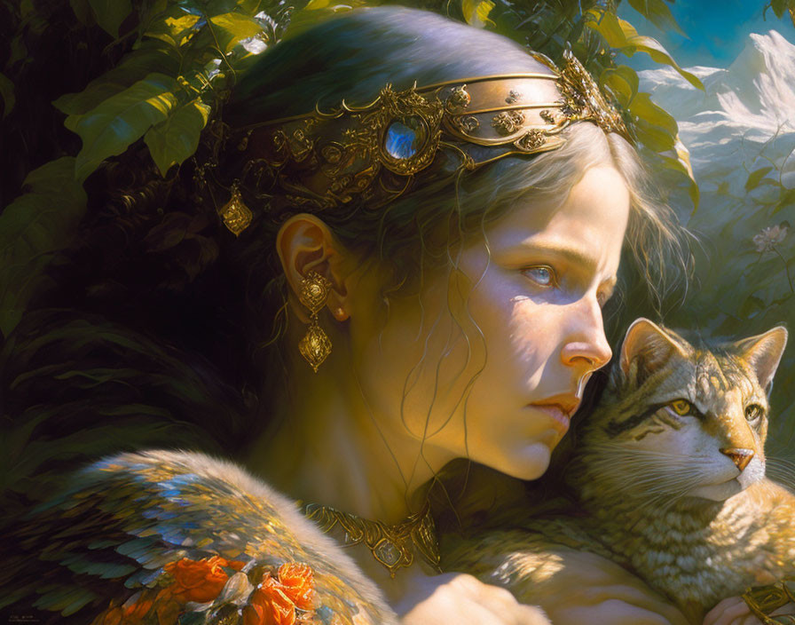 Woman wearing ornate headpiece holds cat in sunlit foliage.