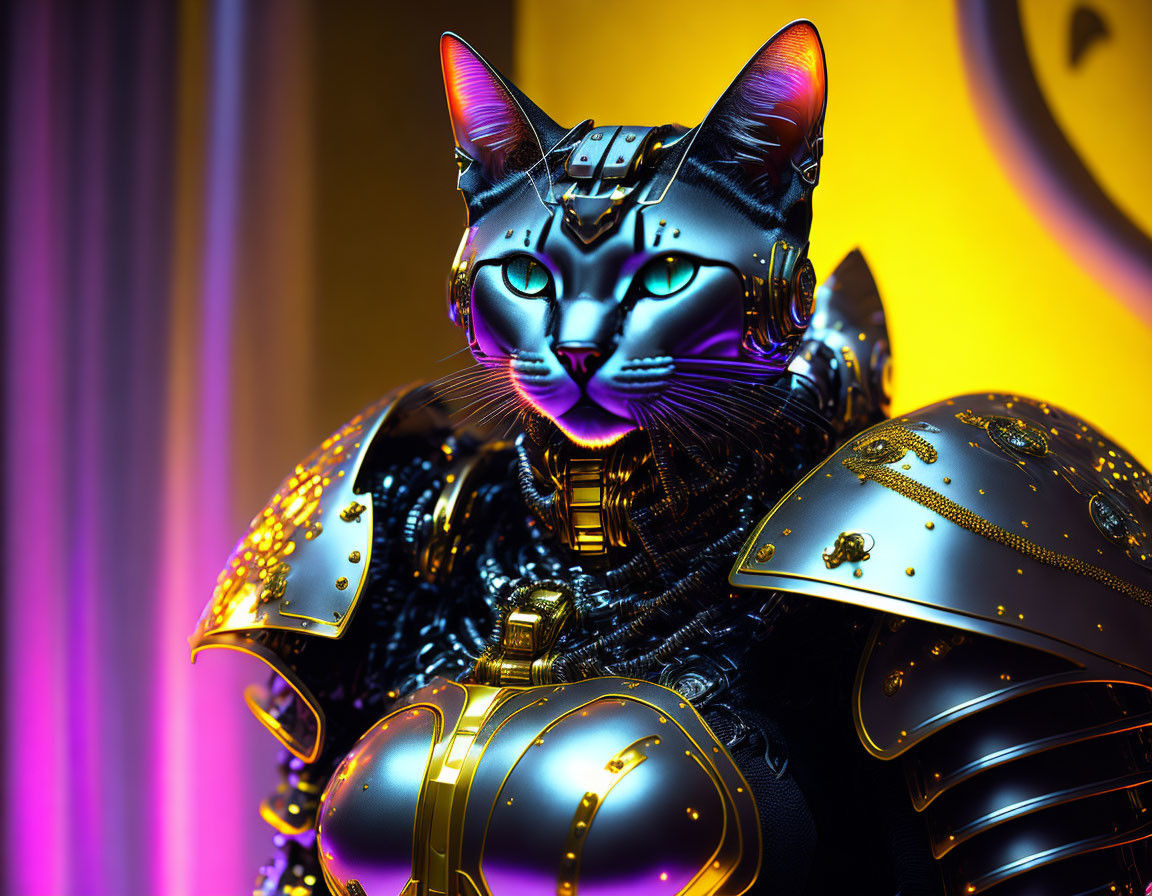 Stylized robotic cat with black body and golden armor on colorful backdrop