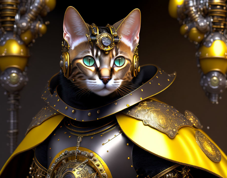 Digital Art: Cat in Medieval Armor with Green Eyes