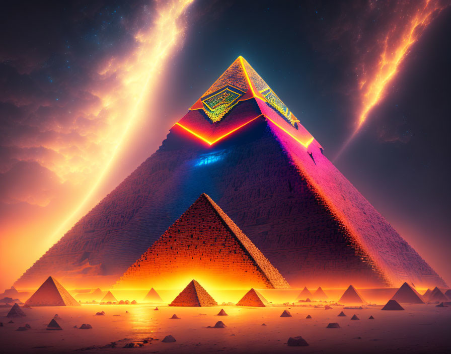 Illuminated pyramid with neon embellishment under night sky with cosmic event, surrounded by smaller pyramids