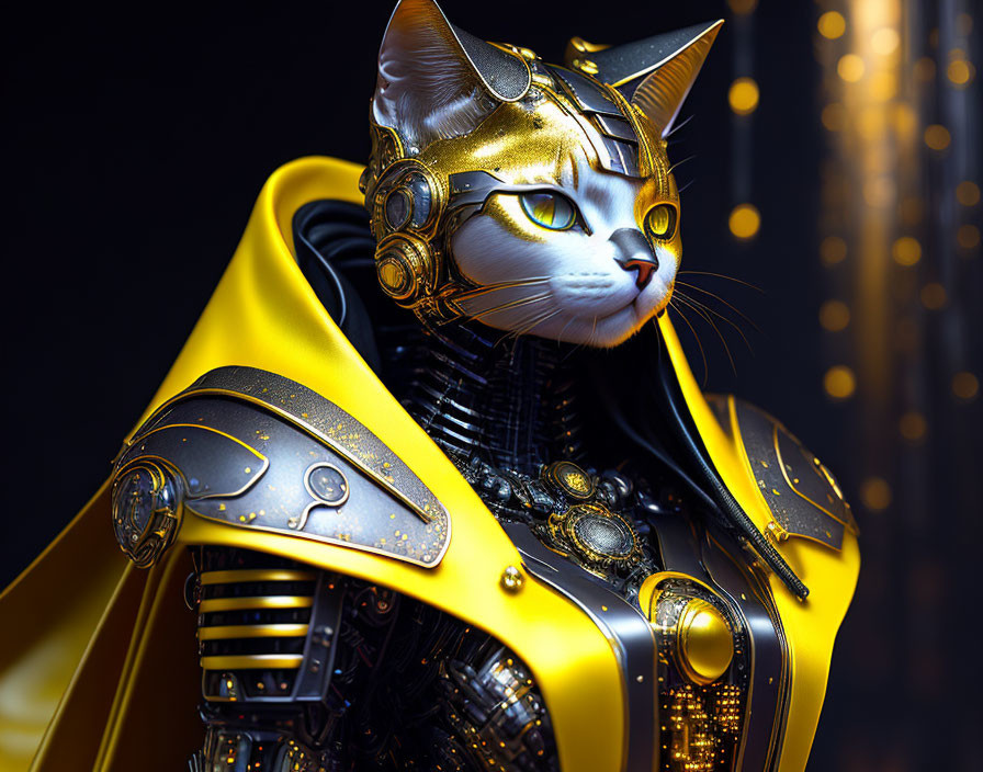 Digital artwork of cat in gold armor with yellow cape on dark background