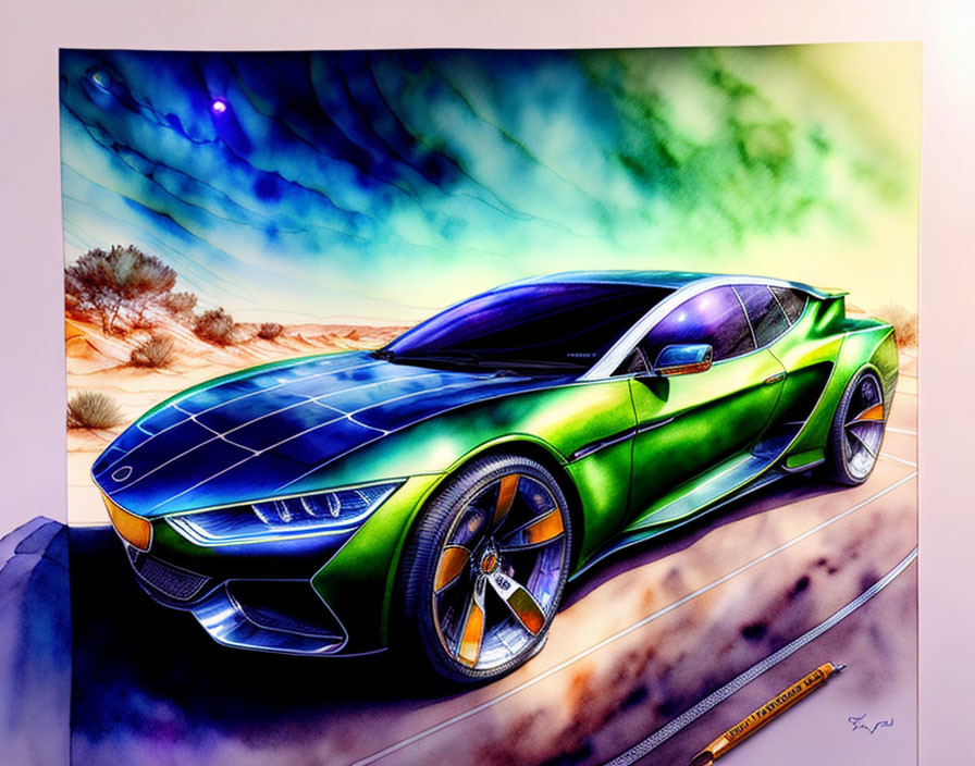 Futuristic green sports car illustration under swirling sky.