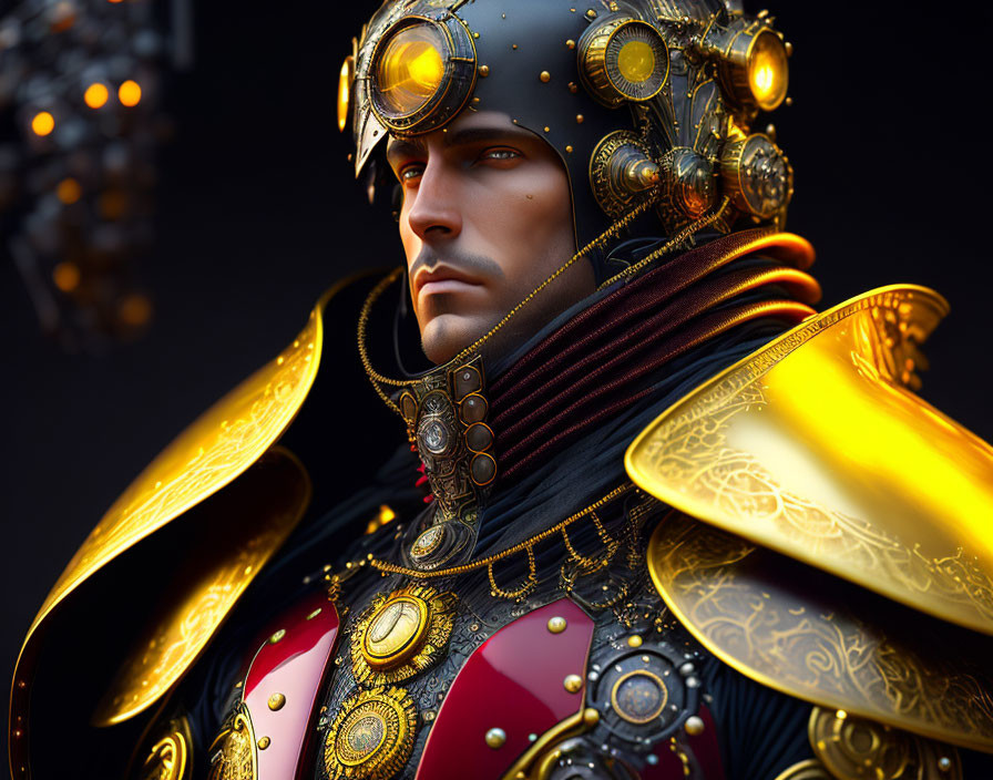 Male Figure in Ornate Golden and Red Armor with Mechanical Details