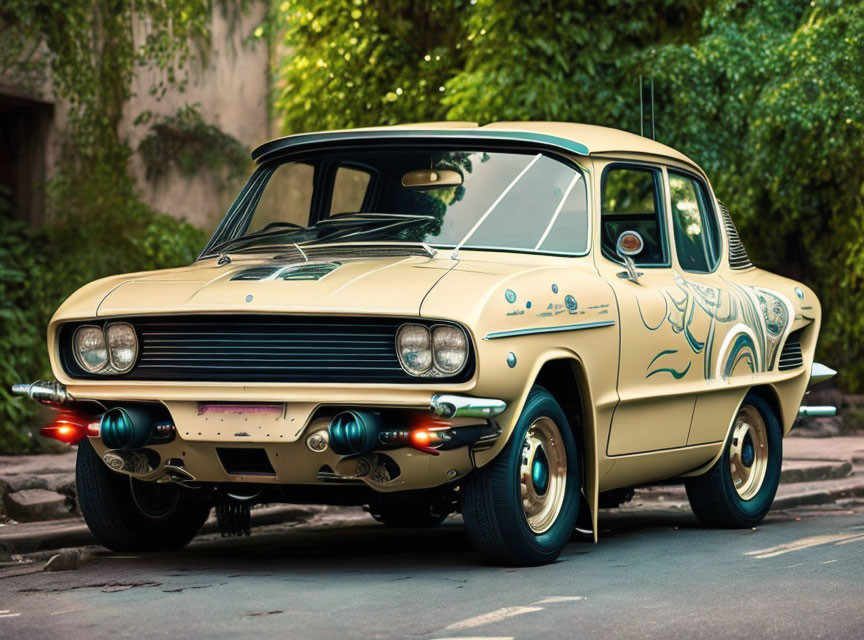 Vintage car with beige and teal paint job and decorative patterns parked on street surrounded by greenery