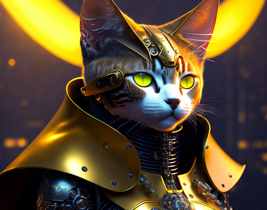 Digital Artwork: Cat with Mechanical Body in Samurai Armor