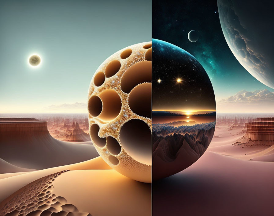 Surreal landscapes with intricate spherical object amidst day and night scenes