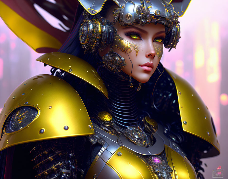 Female Figure in Futuristic Golden Armor with Elaborate Helmet