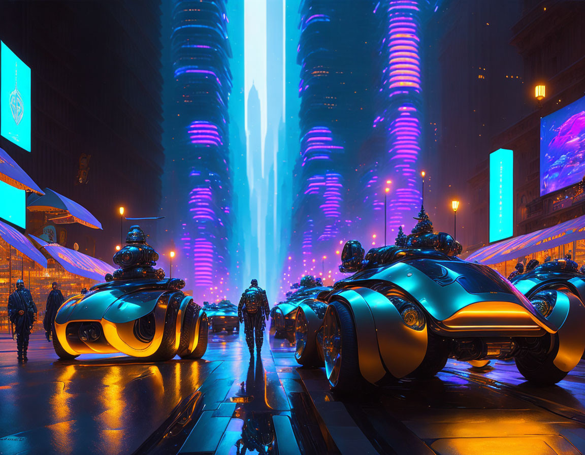 Nighttime futuristic cityscape with neon lights, skyscrapers, central beam, and advanced vehicles.