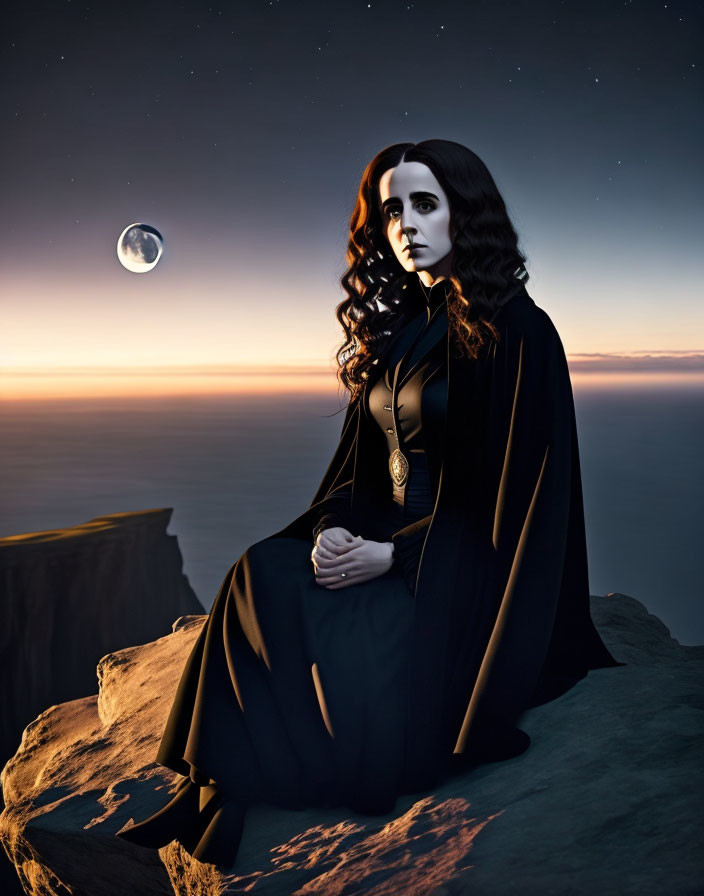 Woman in black cloak sits on cliff at twilight with crescent moon and stars above horizon