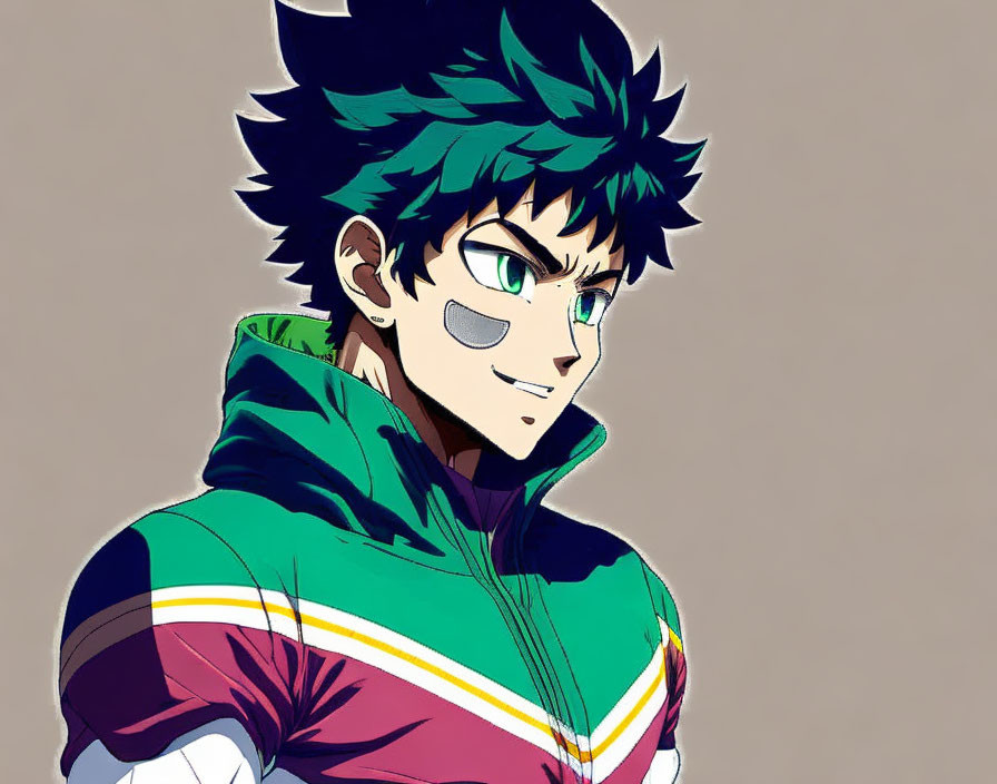 Animated character with spiky green hair and colorful jacket