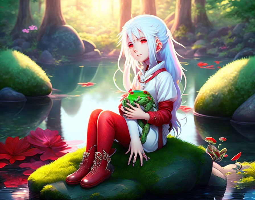 White-Haired Character with Red Eyes Holding Frog in Serene Pond