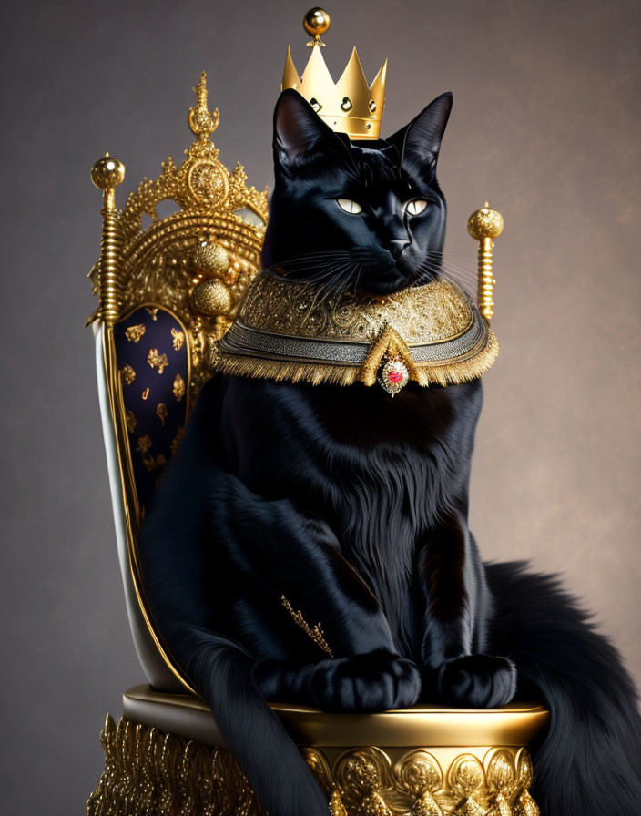 Black Cat with Golden Crown and Throne