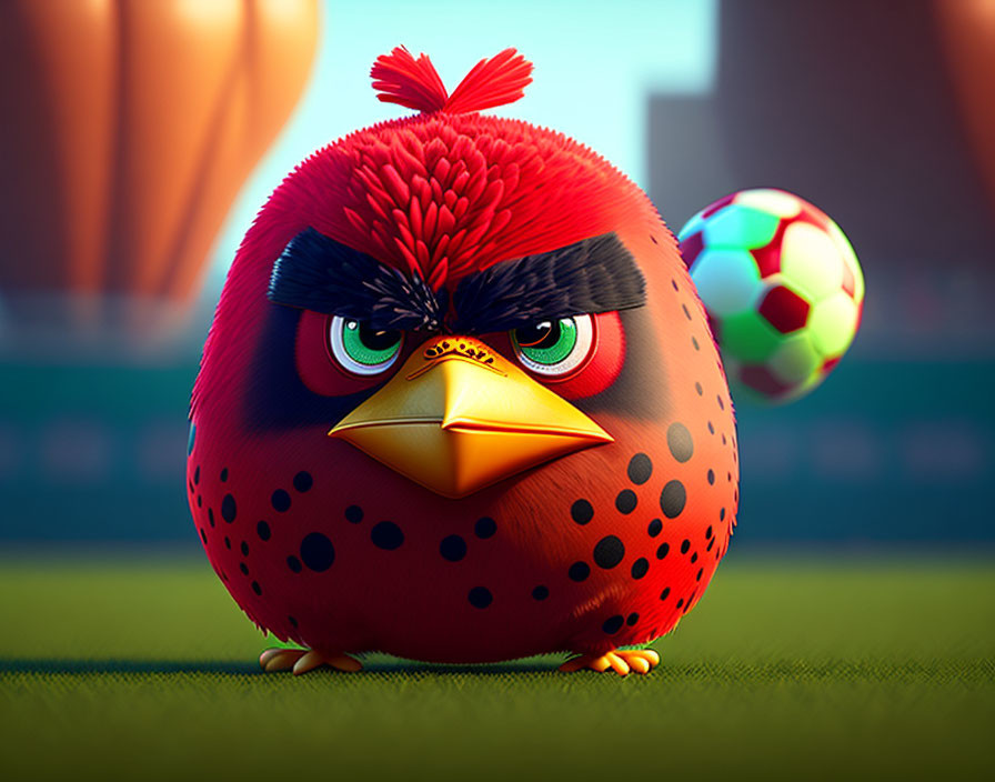 3D illustration of angry red bird with bushy eyebrows on soccer field