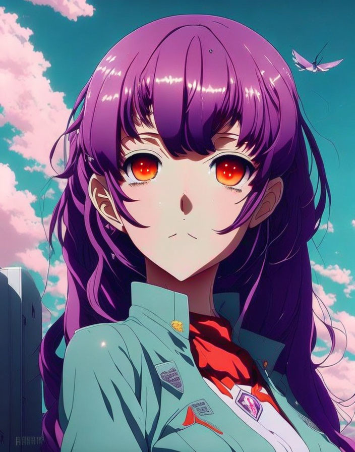 Anime character with purple hair and red eyes under pastel sky and butterfly