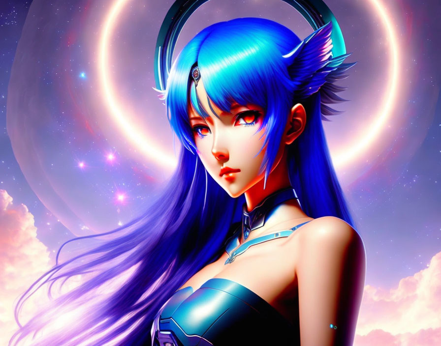 Blue-haired anime character in headphones on cosmic background with glowing halo.