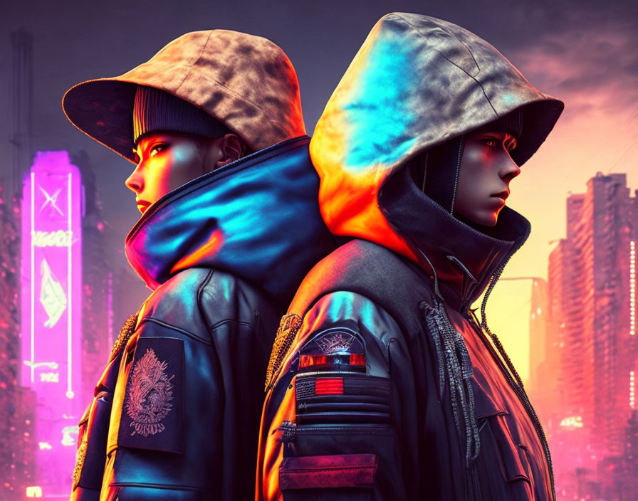 Two individuals in hooded outfits against neon cityscape, cyberpunk theme.