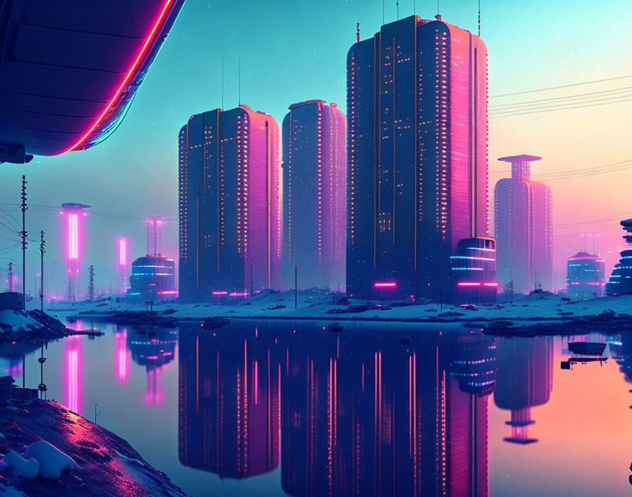 Futuristic cityscape at dusk with neon lights and spaceship in twilight sky