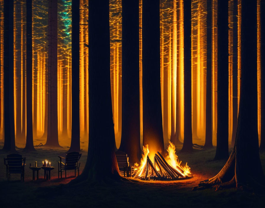 Warm campfire between chairs in mystical forest with golden light.