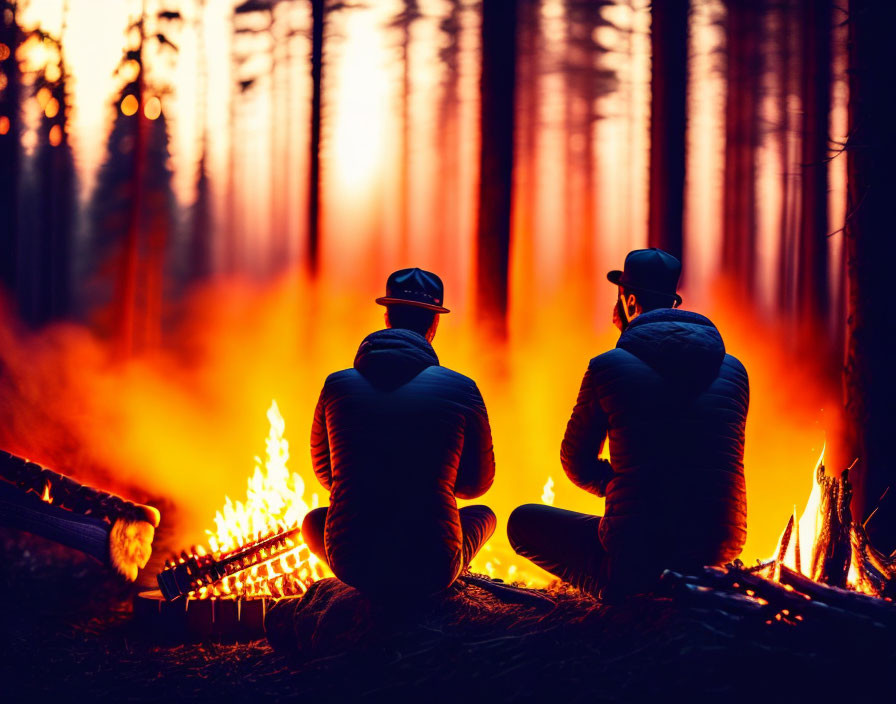 Silhouettes of Two People by Campfire in Forest at Dusk