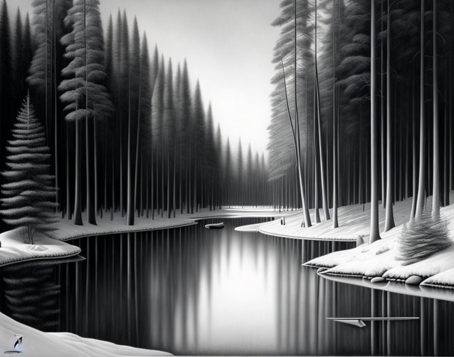 Serene snow-covered landscape with calm river & pine trees