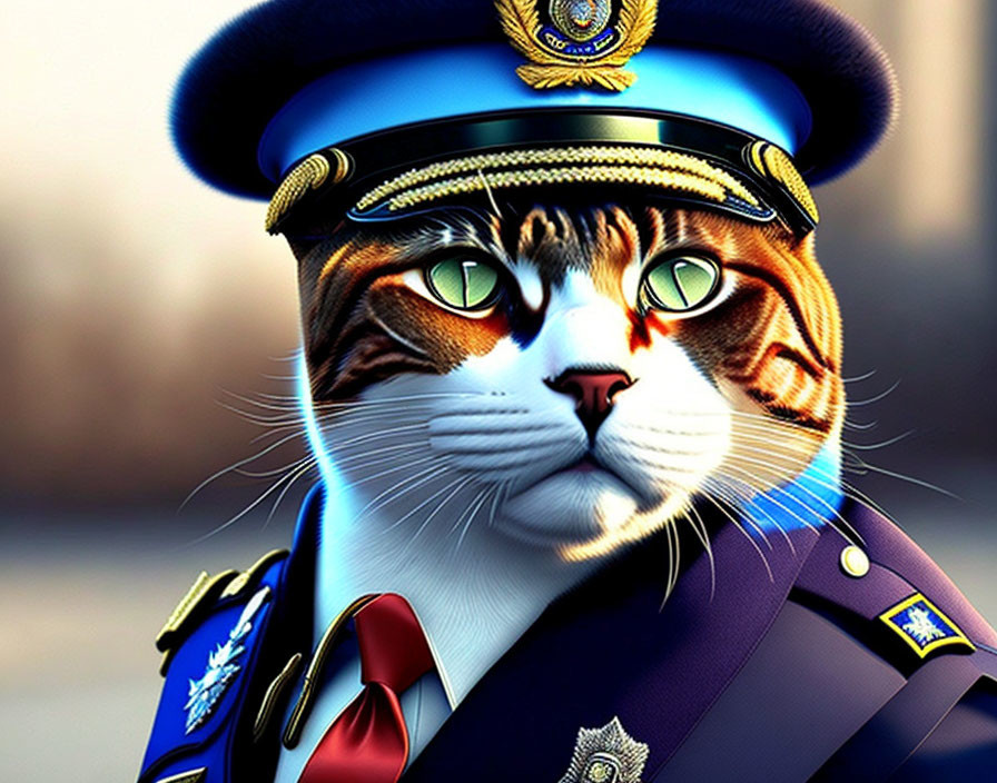 Cat with human-like features in military uniform with stern expression.