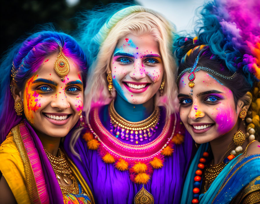 Three women with colorful Holi festival powders on their faces wearing traditional Indian jewelry and vibrant attire.